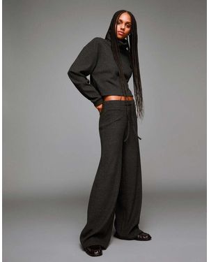 Bershka Soft Ribbed Wide-Leg Trousers - Black