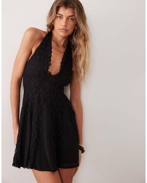 ASOS Vestito Mini Svasato Mix Rete E Pizzo Allacciato Al Collo - Nero