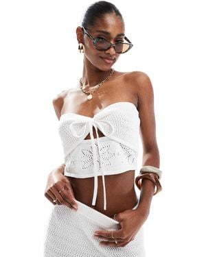 4th & Reckless Knitted Bandeau Tie Front Beach Crop Top Co-ord - White