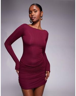 Oh Polly Slinky Boat Neck Long Sleeve Ruched Skirt Mini Dress - Purple