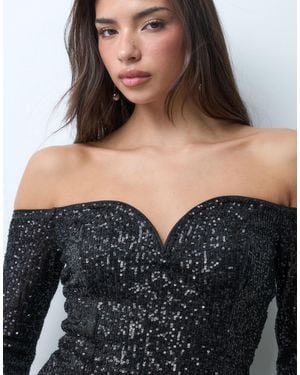 ASOS Allover Sequin Long Sleeve Plunge Bardot Top - Black