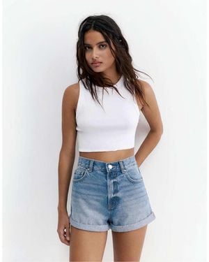 Pull&Bear Mom Fit Denim Shorts With Turn-up Hems - Blue