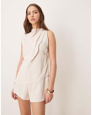 ASOS Linen Mix Double Layer Neck Tie Detail Romper - Natural