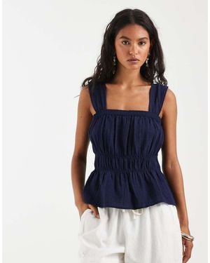 Pieces Wide Strap Cotton Smocked Top - Blue