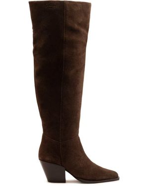 OFF THE HOOK Scores Suede Leather Over-The-Knee Block Heel Boots With Side Zip - Brown