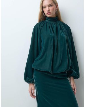 ASOS Vestido Largo De Terciopelo Con Cuello Alto En Verde Azulado