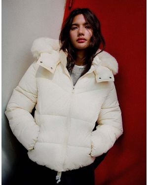 Bershka Padded Jacket With Fur Hood - Natural