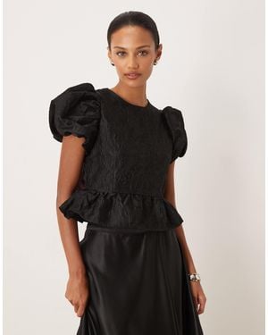 Sister Jane Screenplay Jacquard Puff Sleeve Ruffle Hem Open Back Contrast Bow Top - Black