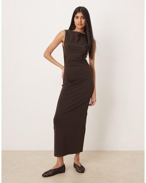 ASOS Ruched Side Midi Dress With Slash Neck - Natural