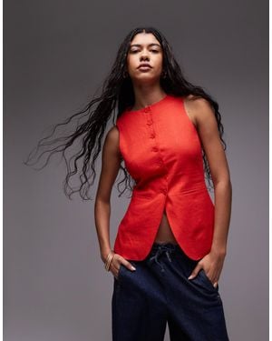TOPSHOP Linen Longline Fitted Waistcoat With Pockets - Red