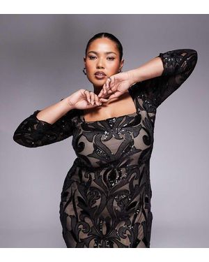 Goddiva Curve Square Neck Scalloped Lace Midi Dress - Black