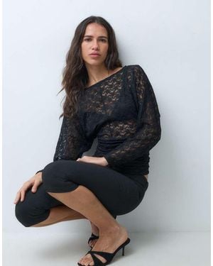 ASOS Doorschijnende Kanten Top Met Boothals, Batwingmouwen, Lange Mouwen En Gerimpelde Taille - Zwart