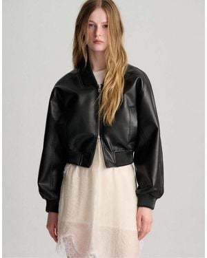 Pull&Bear Leather Effect Bomber Jacket - Black