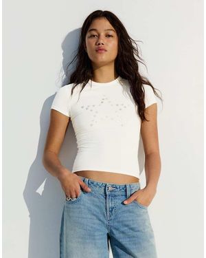 Bershka Short Sleeve Print T-Shirt - Blue