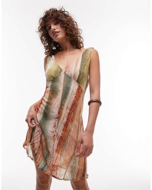 TOPSHOP Crinkle Mesh Print V Neck Flippy Mini Dress - Multicolor