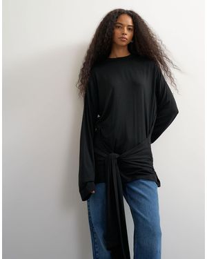 TOPSHOP Long Sleeve Tie Front Top - Black