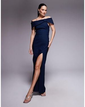 Vesper Bengaline Deep Bardot Cinch Detail Side Split Maxi Dress - Blue