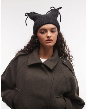 Reclaimed Vintage Fluffy Knit Ear Beanie With Bow Details - Black