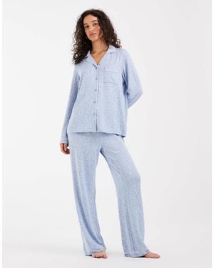 Loungeable Super Soft Brushed Rib Knit Camp Collar Top And Wide Leg Pants Pyjama Set With Piping Details - Blue