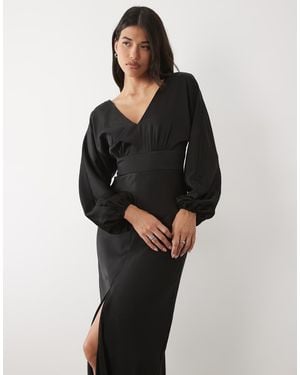 Forever New Satin V Neck Batwing Slit Front Maxi Dress - Black