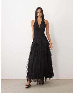 LACE & BEADS Vestido Largo Con Cuello Halter, Tejido Plumeti Y Falda Con Volantes - Negro
