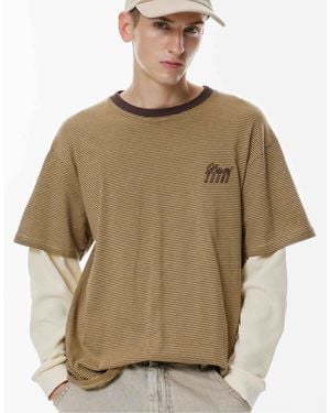 Pull&Bear T-shirt rayé à manches doubles - marron - Neutre