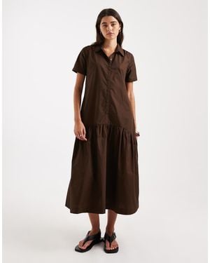 Threadbare Poplin Tiered Midi Shirt Dress - Brown