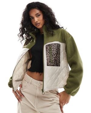 ONLY Teddy Fleece Jacket With Leopard Print Pocket - Green
