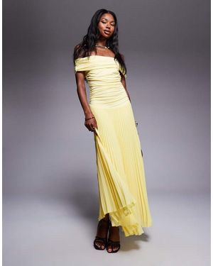Aria Cove Bardot Drop Ruched Waist Pleated Maxi Dress - Yellow