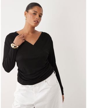 ASOS Asos Design Curve Soft Jersey Drape Wrap Long Sleeve Top - Black