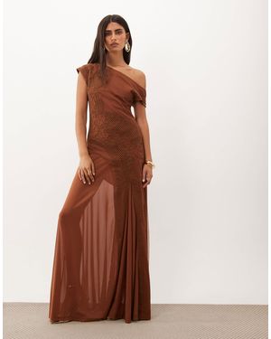 ASOS Maxikleid aus mesh mit stickerei, carmen-ausschnitt und transparenten godet-details - Braun