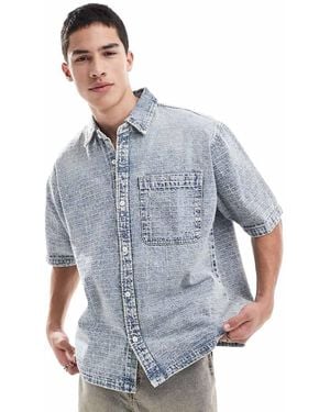 Pull&Bear Checked Textured Denim Shirt - Blue