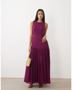 LACE & BEADS Chiffon High Neck Sleeveless Drop Pleat Waist Maxi Dress - Purple