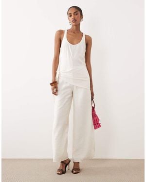 ASOS Satin Crinkle Jumpsuit With Scarf Waist Detail - Natural