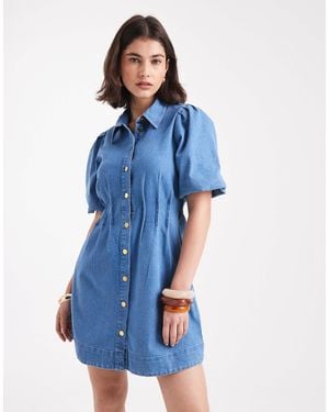 Vero Moda Puff Sleeve Pleated Waist Denim Mini Dress - Blue