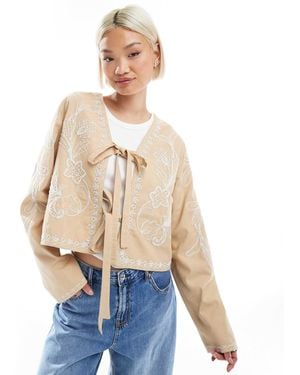 ASOS Embroidered Bow Front Cropped Jacket - Natural