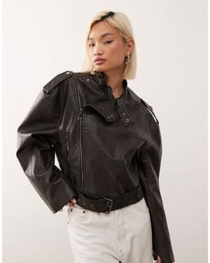 Lioness Driftwood Faux Leather Structured Wide Sleeve Buckle Detail Biker Jacket - Black