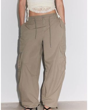 Stradivarius Poplin Cargo Trousers - Natural