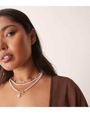 ASOS Asos Design Curve Multi-row Necklace With Faux Pearls And T-bar Detail - Brown