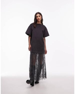 ASOS Vestido Largo Con Diseño Híbrido De Camiseta De Pana Y Falda De Encaje De - Gris