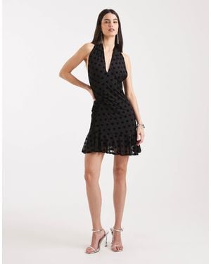 Collusion Polka Dot Flocked Cross Halter Flippy Mini Dress - Black
