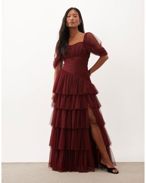 LACE & BEADS Tulle Fallen Shoulder Asymmetric Ruffle Detail Maxi Dress - Red