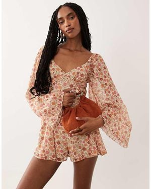 Miss Selfridge Chiffon Long Sleeve Playsuit - Brown