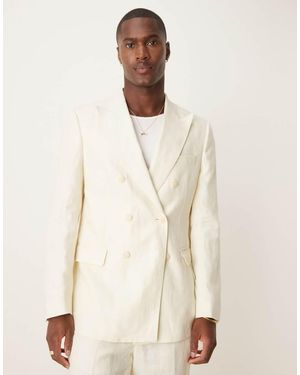 Mango Slim Fit Double Breasted Linen Suit Blazer - Natural