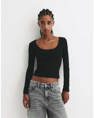 Pull&Bear Ribbed Long Sleeve T-Shirt - Black