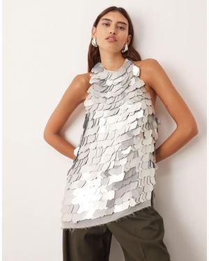 ARRANGE Embellished Shard Sequin Longline Halter Neck Top - White