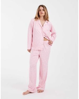 Loungeable Petite Super Soft Jersey Revere Top And Trouser Pyjama Set - Pink