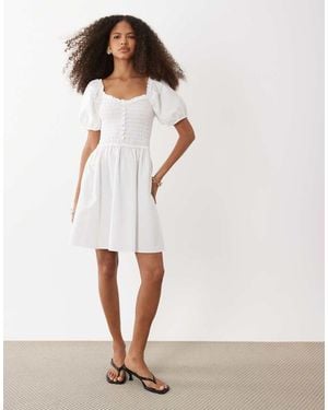 River Island Puff Sleeved Shirred Mini Dress - White
