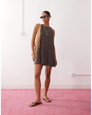 Monki Sleeveless A Line Mini Dress With Frayed Edge - Brown