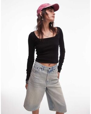 TOPSHOP Square Neck Long Sleeve Top - Black